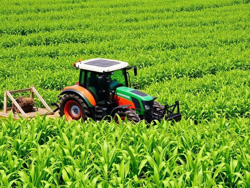 Modern tractor operating in a maize field with sustainable farm technology
