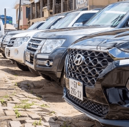 MAP Edition Group SUV fleet parked in Ghana, including Hyundai and Mitsubishi vehicles