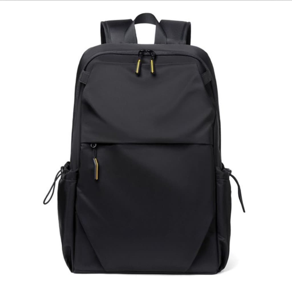 Structured black backpack with side pockets for school and office supply